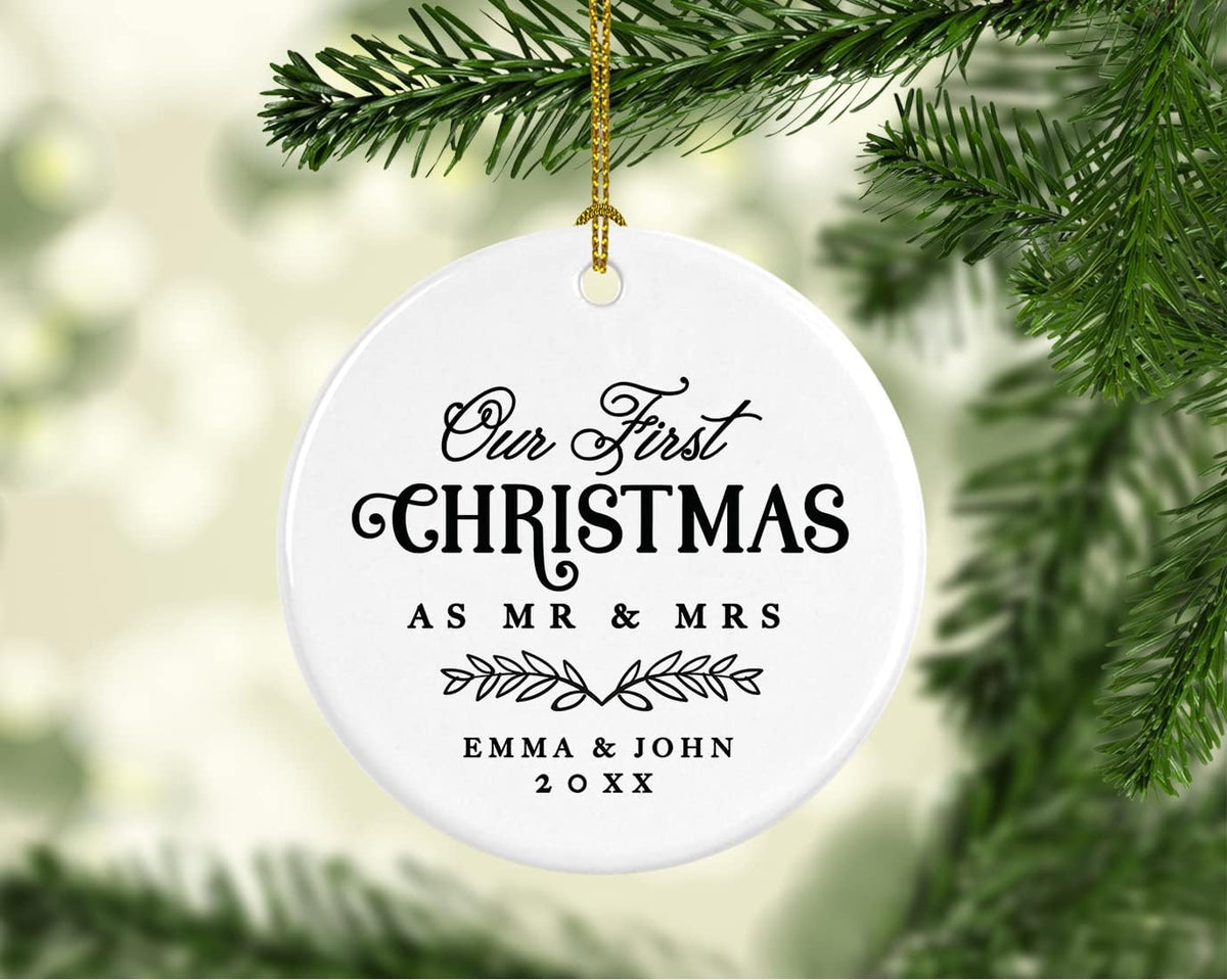 Andaz Press Personalized Our First Christmas As Mr. & Mrs. 2024 Christmas Ornaments Laurel Wreath Leaves 2.8" Round Porcelain Ceramic 1st Year Married Custom Ornament Keepsake for Newlyweds 1-Pack