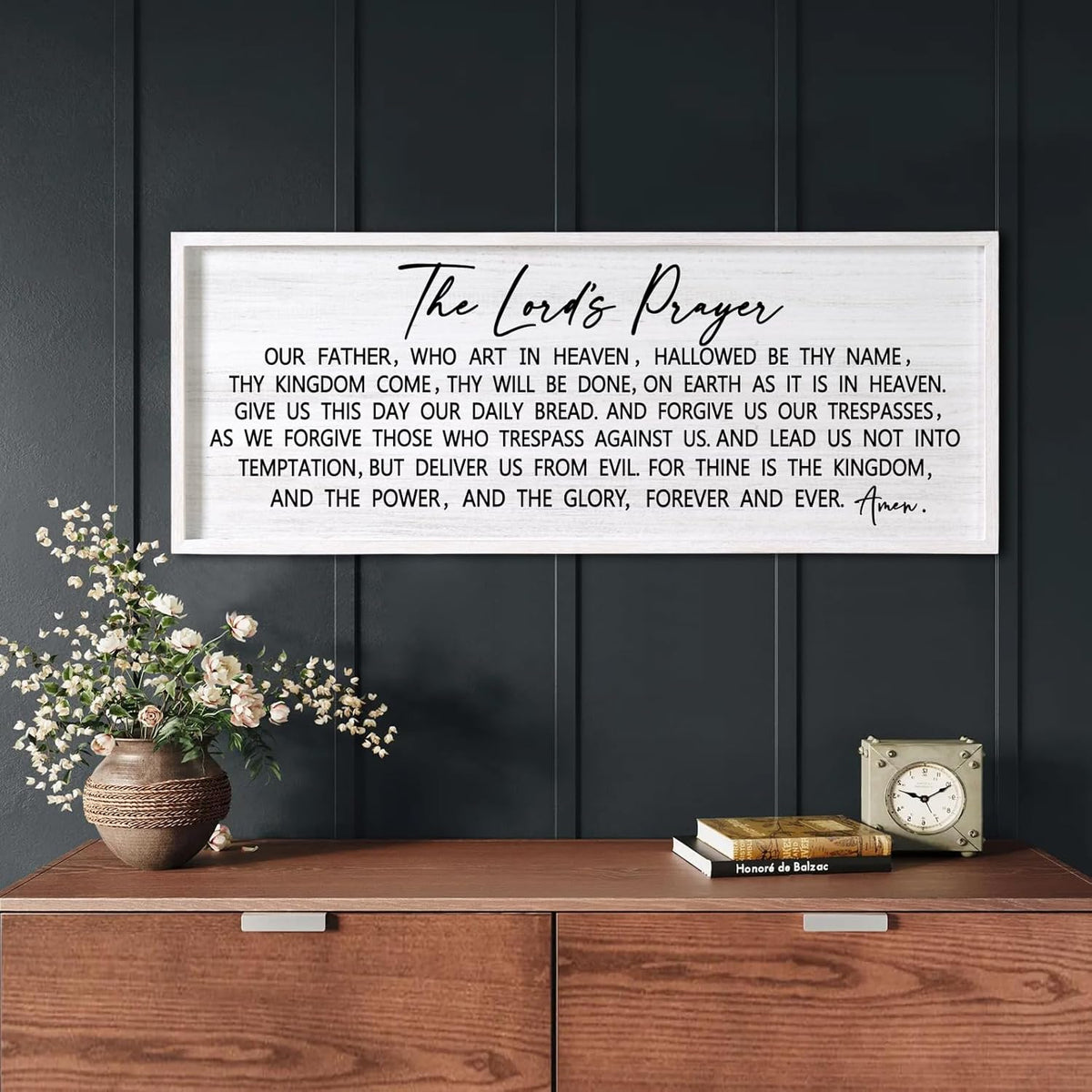 Our Father Prayer Bible Verse Framed Wall Art, 40''×15'' White Horizontal Religious Christian Lords Prayer Sign for God Jesus Christ Prayer, Rustic Holy Inspirational Catholic Scripture Decor