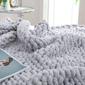 Bigacogo Chunky Knit Throw Blanket for Couch, 60x80 inches, 100% Hand Knitted with Thick Jumbo Chenille Yarn, Cozy Soft Large Rope Knot Cable Crochet Blankets for Sofa Bed Living Room, Light Grey
