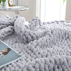 Bigacogo Chunky Knit Throw Blanket for Couch, 60x80 inches, 100% Hand Knitted with Thick Jumbo Chenille Yarn, Cozy Soft Large Rope Knot Cable Crochet Blankets for Sofa Bed Living Room, Light Grey
