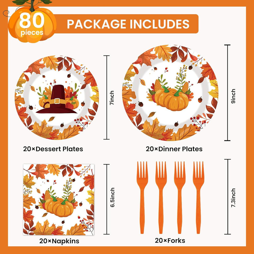 80pcs Fall Thanksgiving Paper Plates and Napkins Forks Dinner Cake Plates Autumn Leaves Pumpkin Party Decorations for Fall Thanksgiving Holiday Wedding Birthday,Serves 20 (Autumn)