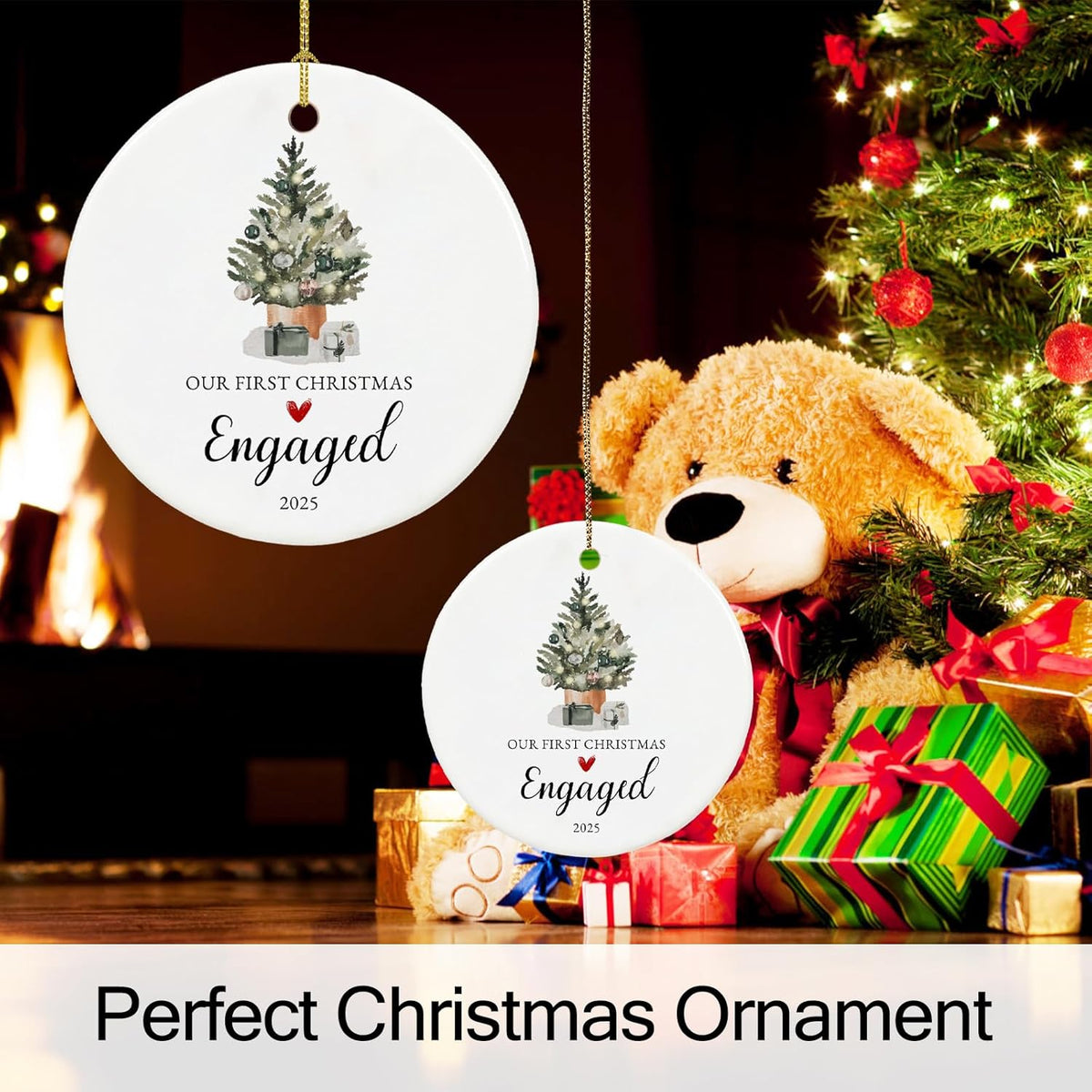 Our First Christmas Engaged Ornament 2025,Just Engaged Gifts for Couple, Ceramic Keepsake Engagement Ornaments 2025 with Ribbon and Gift Box