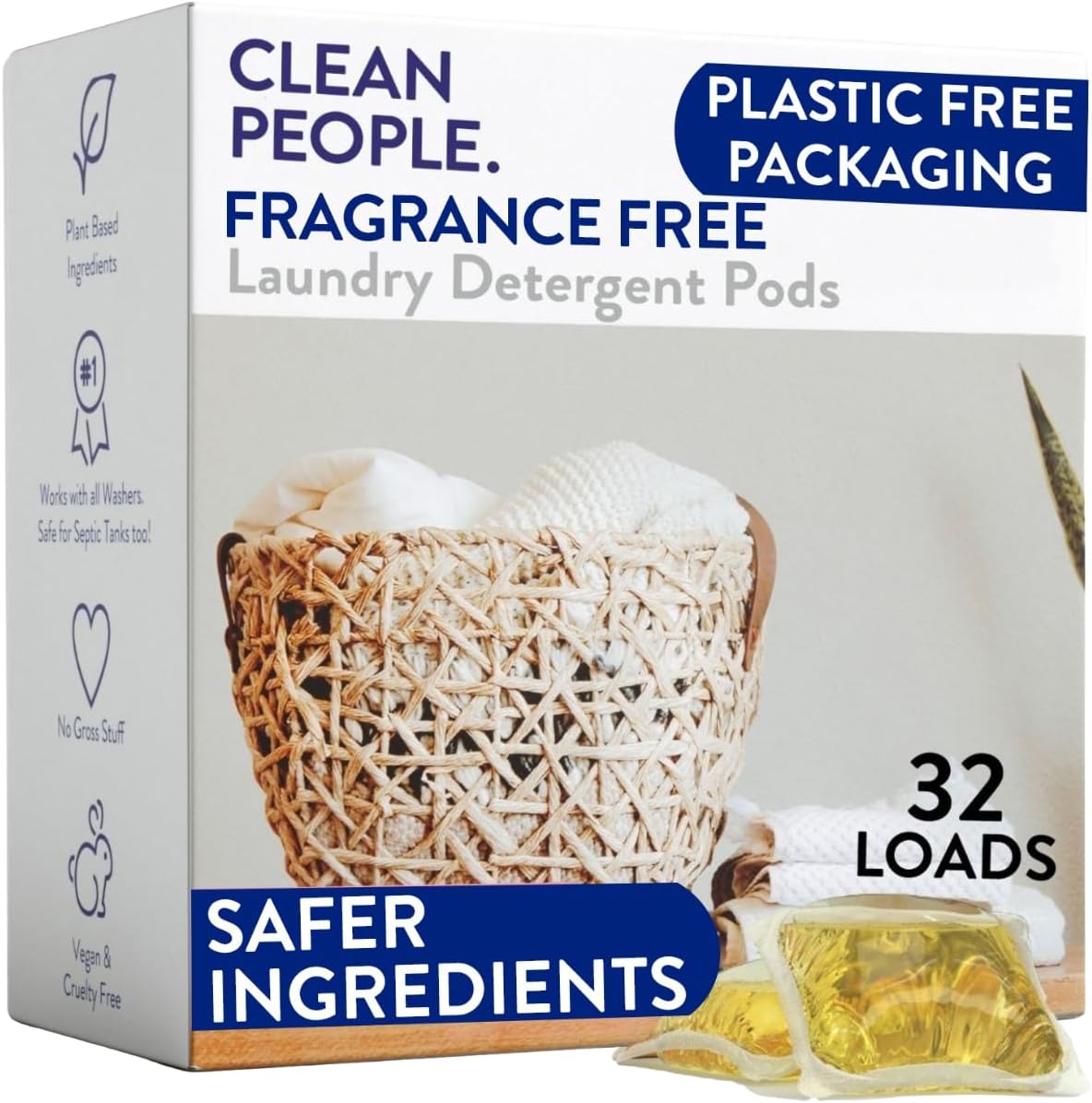 The Clean People Fragrance Free Laundry Detergent Pods - Hypoallergenic Laundry Pods - Ultra Concentrated, Recyclable Packaging, Stain Fighting - Fragrance Free, 32 Pack