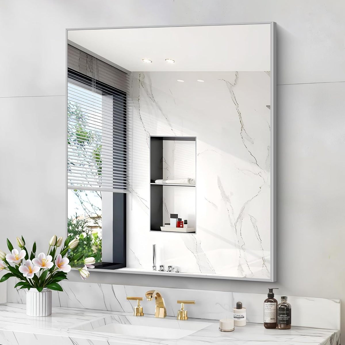 Silver Bathroom Mirror for Wall, 30x36 Inch Rectangle with Metal Frame, Modern Vanity for Bathroom Living Room, Entryway Hangs Horizontal or Vertical