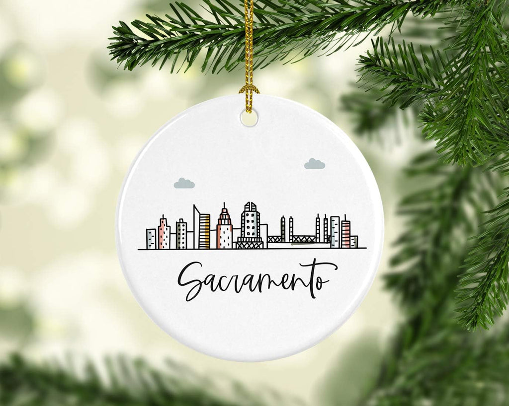 Andaz Press Round Ceramic Porcelain Christmas Tree Ornament Keepsake Gift, Sacramento, Colorful City Skyline Graphic, 1-Pack, Birthday Ideas Family Coworker Him Her, Includes Gift Box