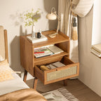 Lerliuo Rattan Nightstands Set of 2, Side Table with Drawer, Cane Accent Bedside End Table with Solid Wood Legs, Mid Century Modern Night Stand for Bedroom, Dorm and Small Spaces (Tea Brown)
