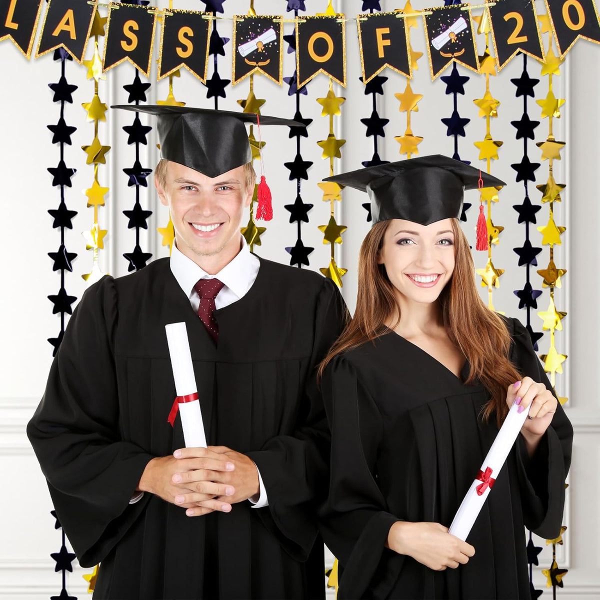 LOLStar Black and Gold Star Birthday Party Decorations 2Pack 3.3X6.6 ft Golden Photo Booth Props Backdrop Streamers Star Foil Fringe Curtains for Men 2025 Graduation Decors Black Yellow Party Supplies