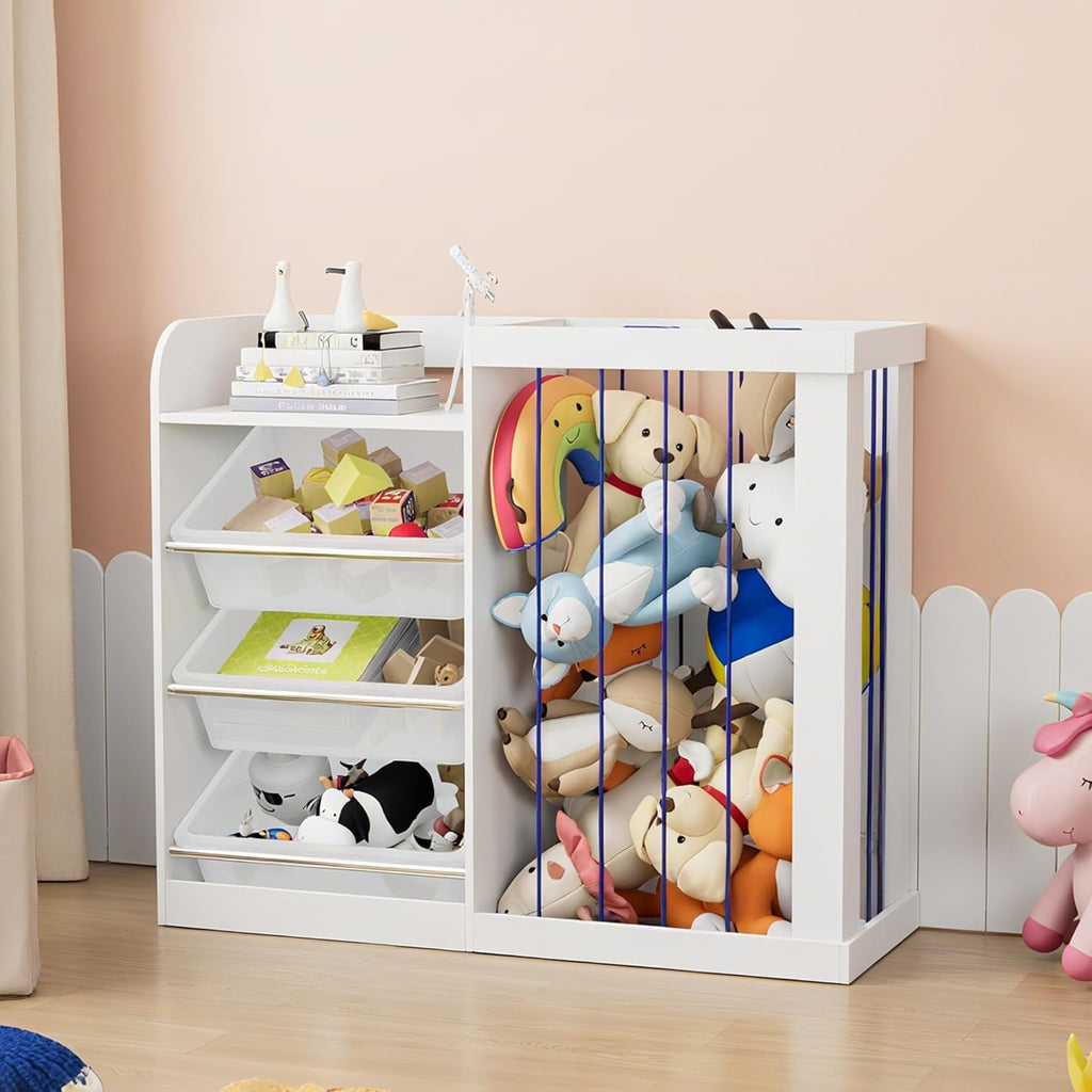 Kids Toy Storage Organizer with 3 Removable Plastic Bins Toddler Montessori Bookshelf with Stuffed Animal Net Holder Baby Bookcase Plush Organizer for Playroom,Bedroom,Kids Room,Classroom,Nursery