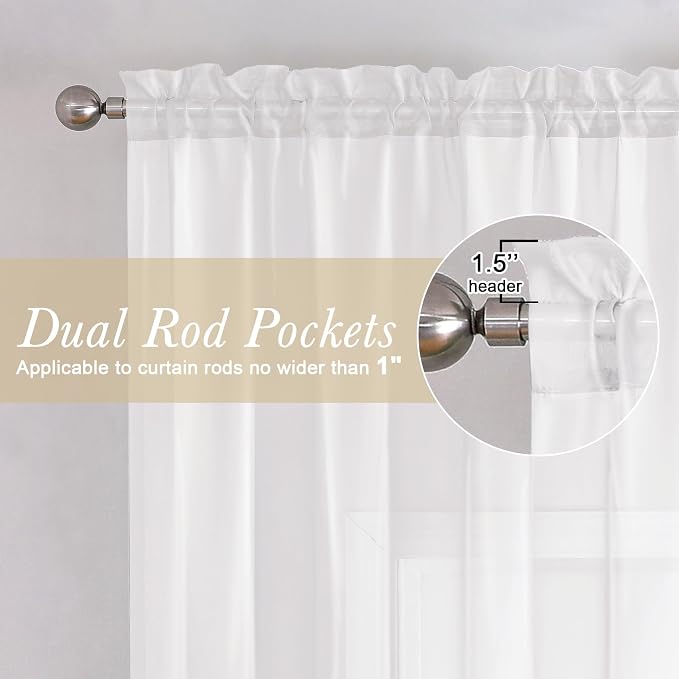 White Sheer Curtains 50 Inch Length 2 Pcs, Light Filtering Voile Bathroom - Image 5