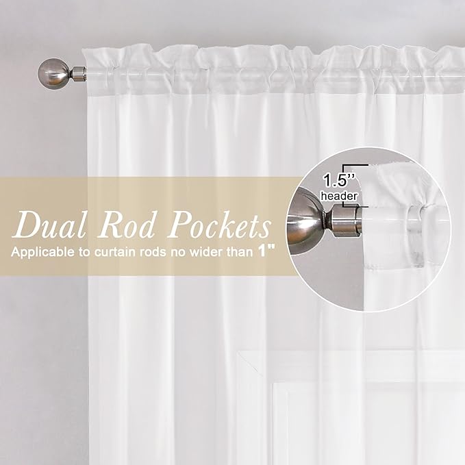 White Sheer Curtains 36 Inch Length 2 Panels Set, Airy Breathable Voile Short - Image 2