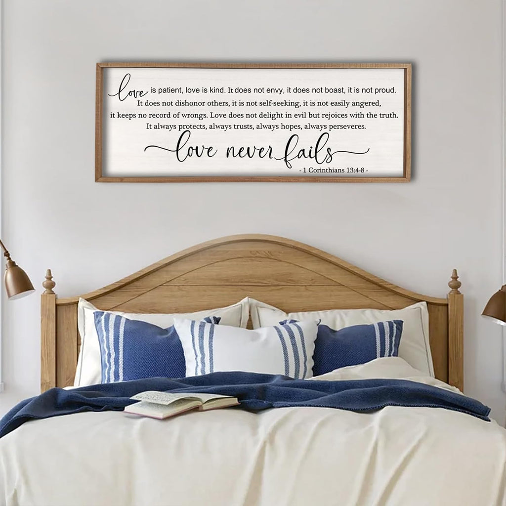 flowtorely Love is Patient, Kind Wall Art Decor 32"X12" Sign 1 Corinthians 13 Bedroom Above Bed Wall Decor Large Bible Verse Quote Scripture Christianity Hanging Sign (Wood)