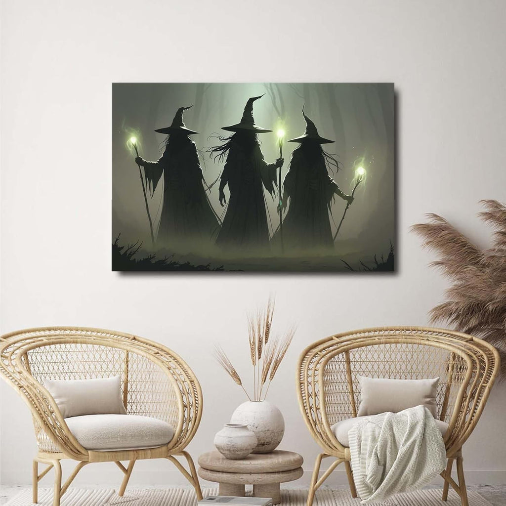 JFHCQJPK Vintage 3 witches canvas wall decor melancholy dark Halloween poster wall decor holding a staff print Gothic horror Halloween painting print for living room bedroom24x36in Frameless