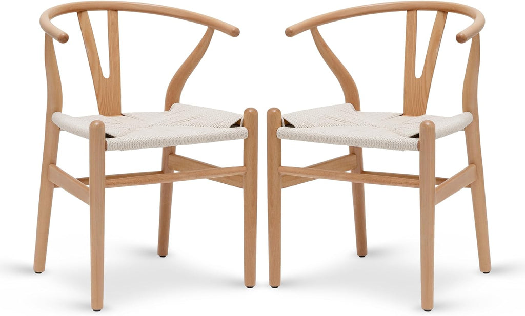 POLY & BARK Weave Dining Chairs – Mid-Century Modern Wishbone Dining Chairs with Arms, Solid Wood Frame, Indoor Use – Natural – Set of 2 - Ideal for Dining Room, Kitchen or Stylish Accent Setting