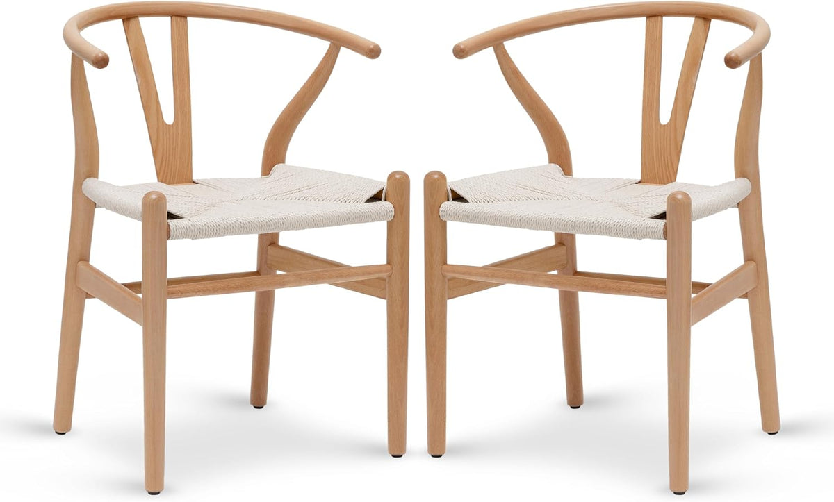 POLY & BARK Weave Dining Chairs – Mid-Century Modern Wishbone Dining Chairs with Arms, Solid Wood Frame, Indoor Use – Natural – Set of 2 - Ideal for Dining Room, Kitchen or Stylish Accent Setting
