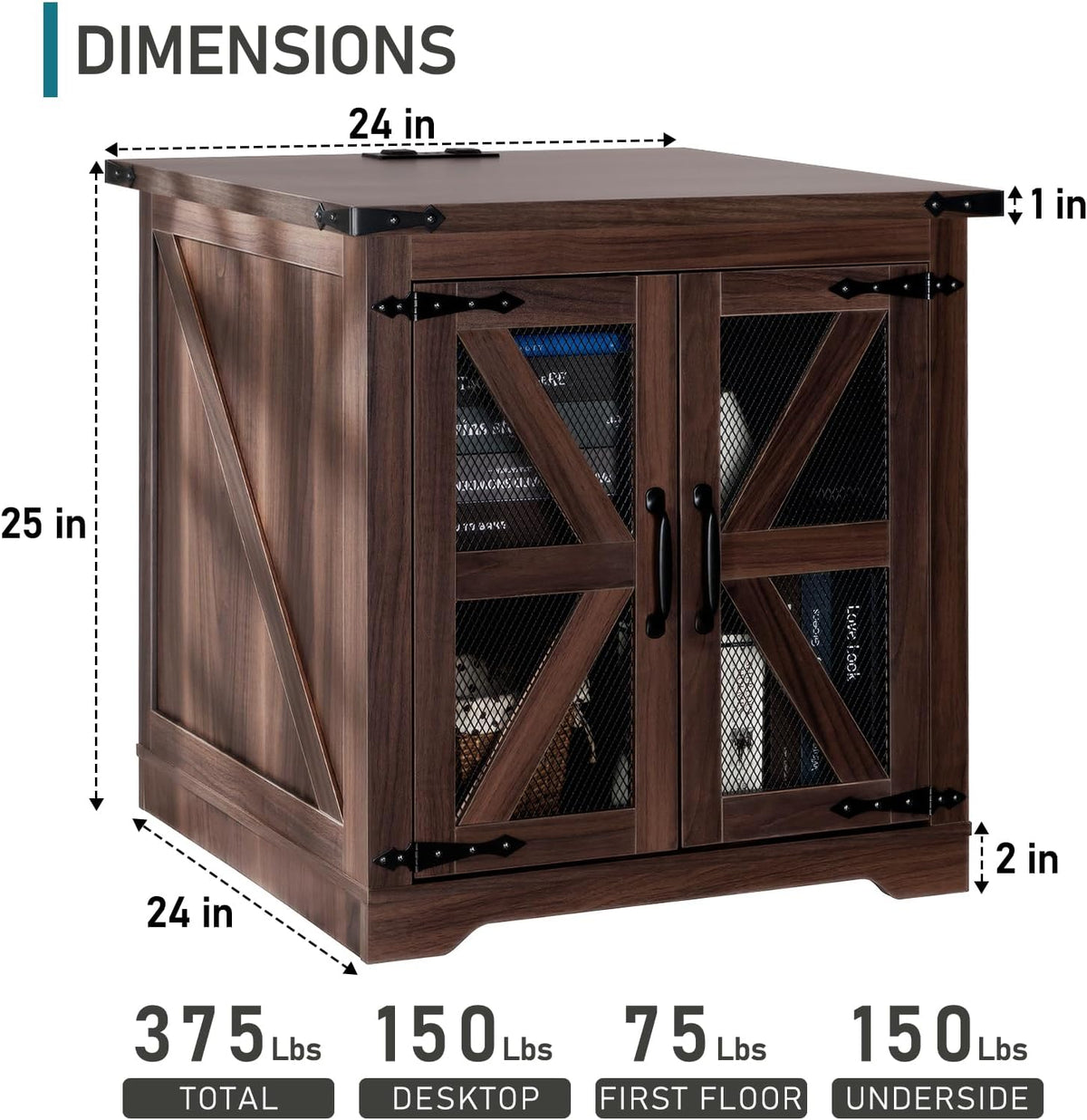 Farmhouse End Table Set of 2, 24" Large Sofa Side Table with Charging Station, Mesh Barn Door, Rustic Wood Nightstand with Adjustable Storage Shelf, Square Nightstand for Living Room