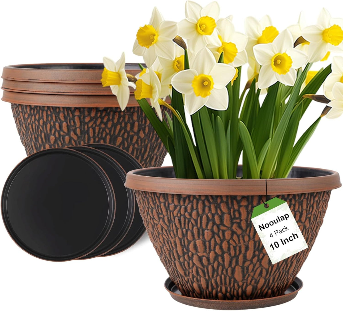 4 Pack 10 Inch Plant Pot, Flower Pots Outdoor with Drainage Hole & Tray, Thickened Plastic Planters for Indoor Outdoor Plants, Lightweight Modern Decorative Garden Pot with Saucer