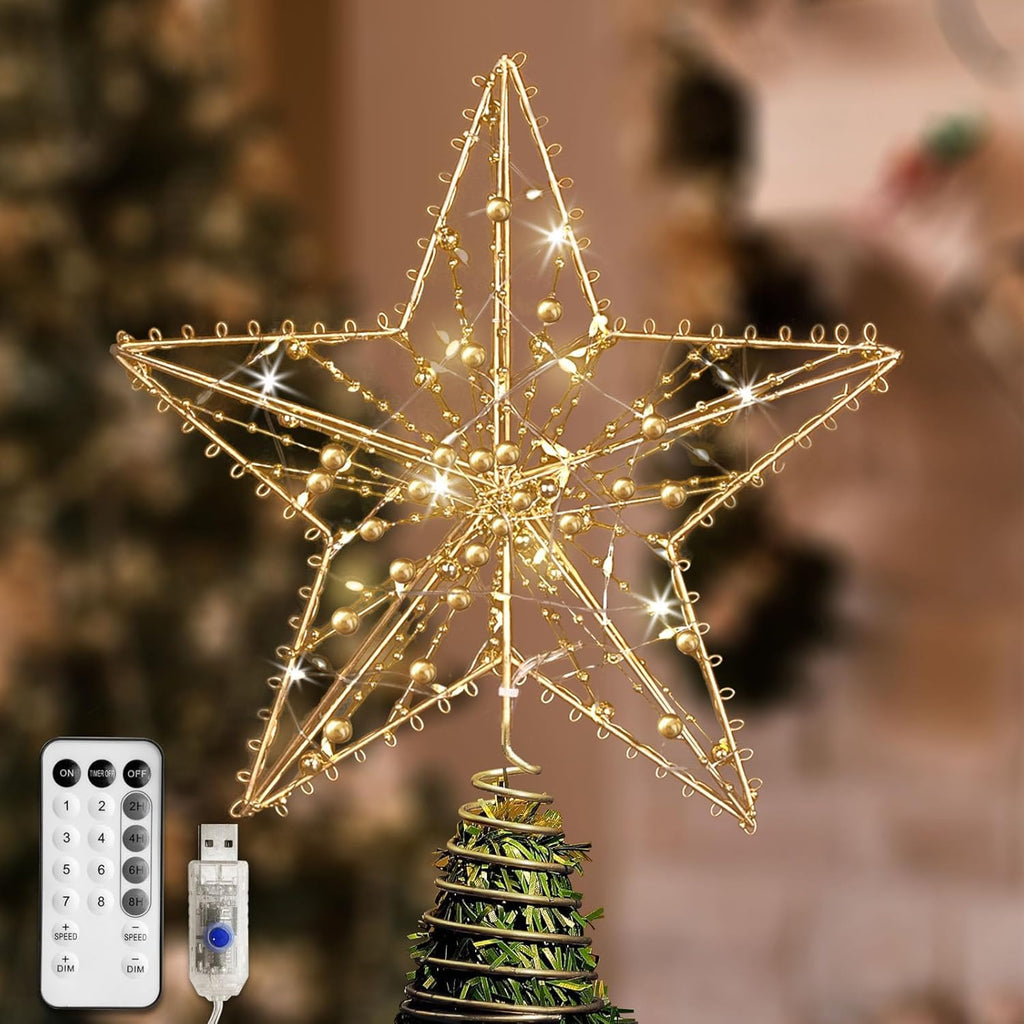 Christmas Tree Topper Star, Gold Star Tree Toppper with 50 Warm LED Lights Glittered Pearl Beads and 8 Lighting Modes Timer for Christmas Tree Decorations and Xmas Holiday Seasonal Decor