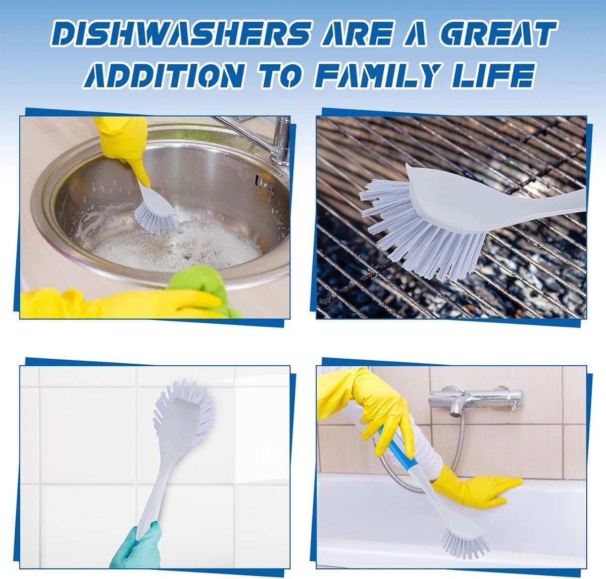 Hsei 10 Pcs Blue Kitchen Scrub Dish Brush Bulk with 11 Inch Anti Slip Handle Cleaning Dish Scrubber with Stiff Bristles Washing Scrub Brushes for Housekeeping for Pots and Pans, Kitchen Sink
