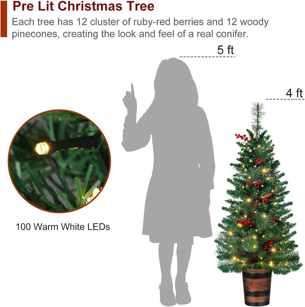 Set of 2 Christmas Trees with Lights 4-FT Artificial Potted Porch Berries and Pinecone Christmas Tree Battery Powered with 8 Modes and Timer for Indoor Outdoor