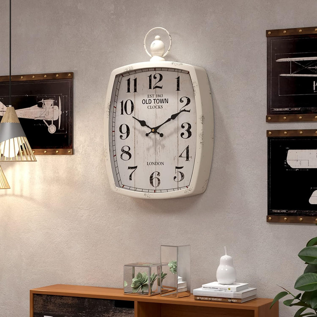 Menterry Rectangle Retro Large Wall Clock, Old-Fashioned Vintage Design, White Antique Style, Battery Operated Silent Decor Wall Clocks for Farmhouse,Kitchen,Office (15.5" H x 10.2" W)