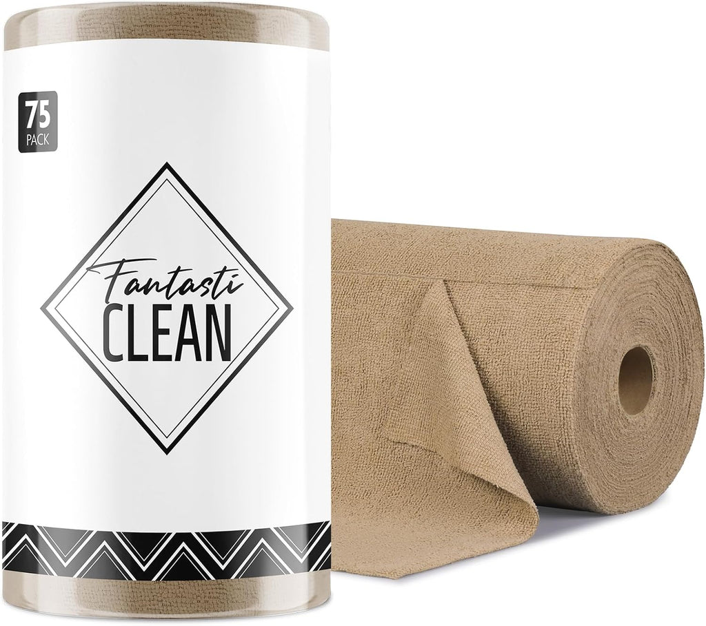 Fantasticlean Microfiber Cleaning Cloth Roll -75 Pack, Tear Away Microfiber Towels, 12" x 12", Reusable, Washable, Scratch Free, Ultra Absorbent Dish Rags for Car, Home, Garage or Shop (TAN)