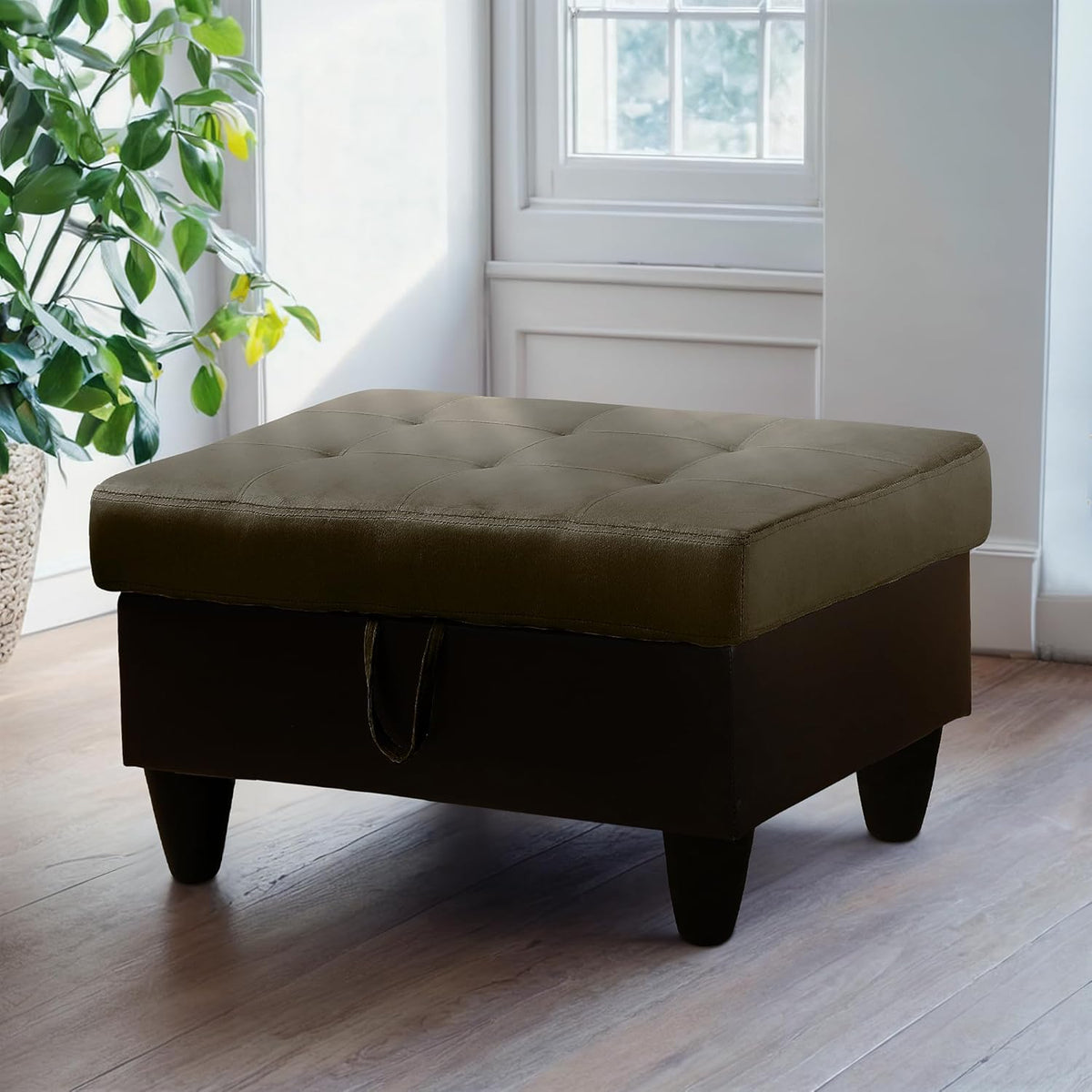Ottoman Rectangular Storage Ottoman Bench, Flannel Footrest Stool Footstool with Lid for Living Room, Bedroom, Entryway, Taupe&Black, 35"x23.5"x17.5"