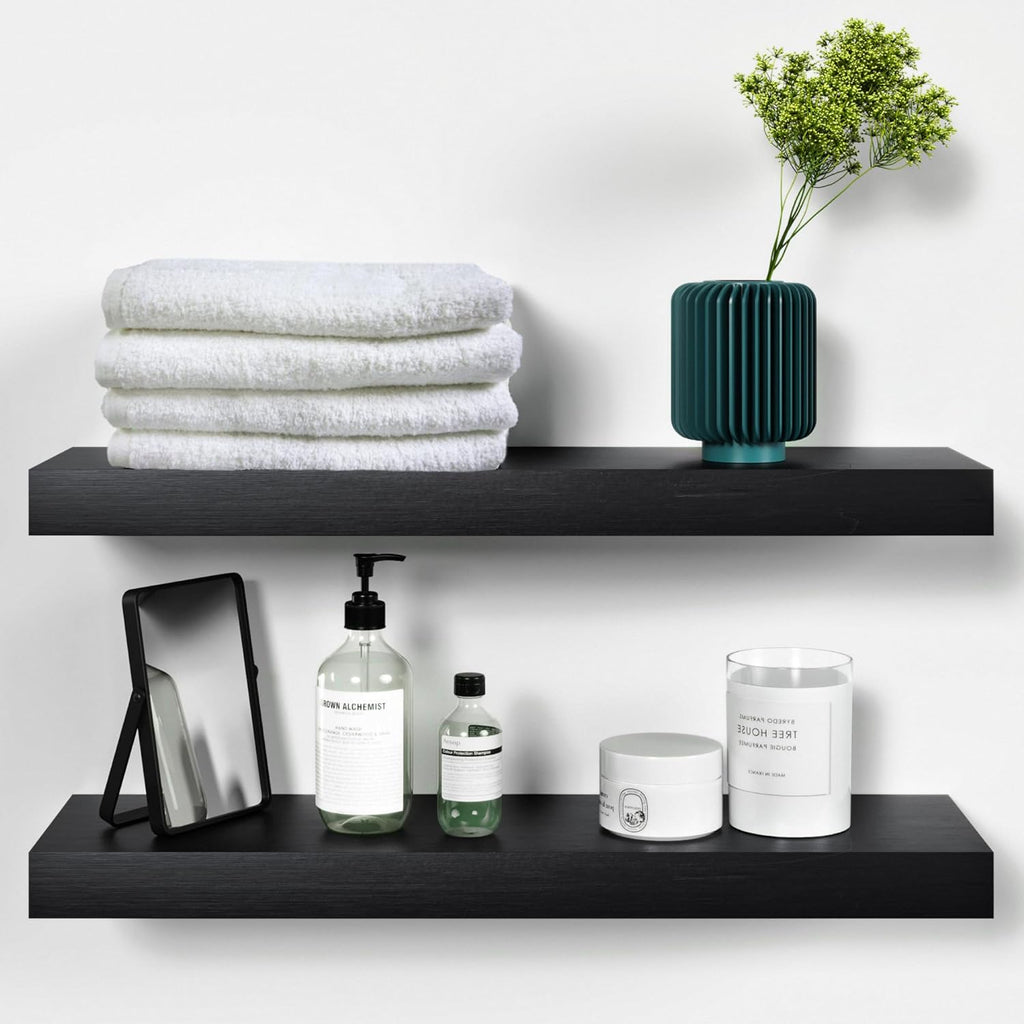 Homeforia Black Floating Shelves 24 inch, High End Solid Real Wood 24inch Bathroom Floating Shelf for Wall Mounted, Black Wooden 24in Floating Shelves, Heavy Duty Bracket, 24 X 6.5 X 1.75 in, Set of 2