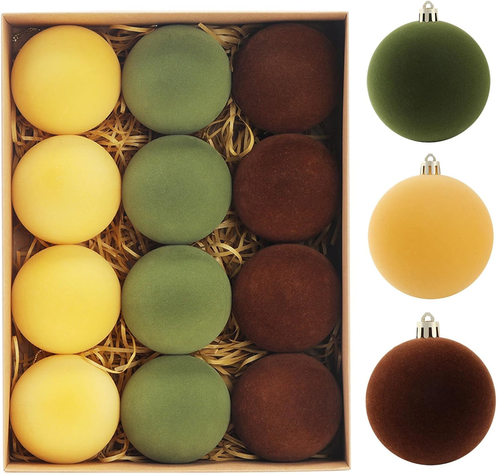 Christmas Ornaments Set of 12, 3.15" Flocked Velvet Balls with Hand Painted Designs, Elegant Christmas Tree Decorations in Gift Box