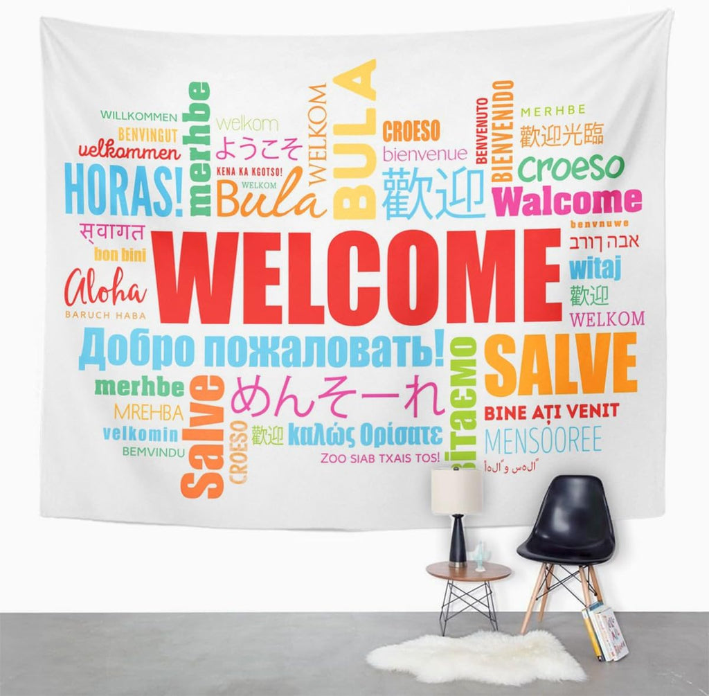 TOMPOP Tapestry World Welcome Word Cloud in Different Languages Conceptual Multilingual Home Decor Wall Hanging for Living Room Bedroom Dorm 50x60 Inches