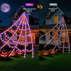 Halloween Spider Web Lights 550 LED Lighted Spider Web 16.4Ft Giant Halloween Decorations Light up with 8 Lighting Modes Waterproof & Timer for Indoor Outdoor House Haunted Yard Decor, Purple & Orange