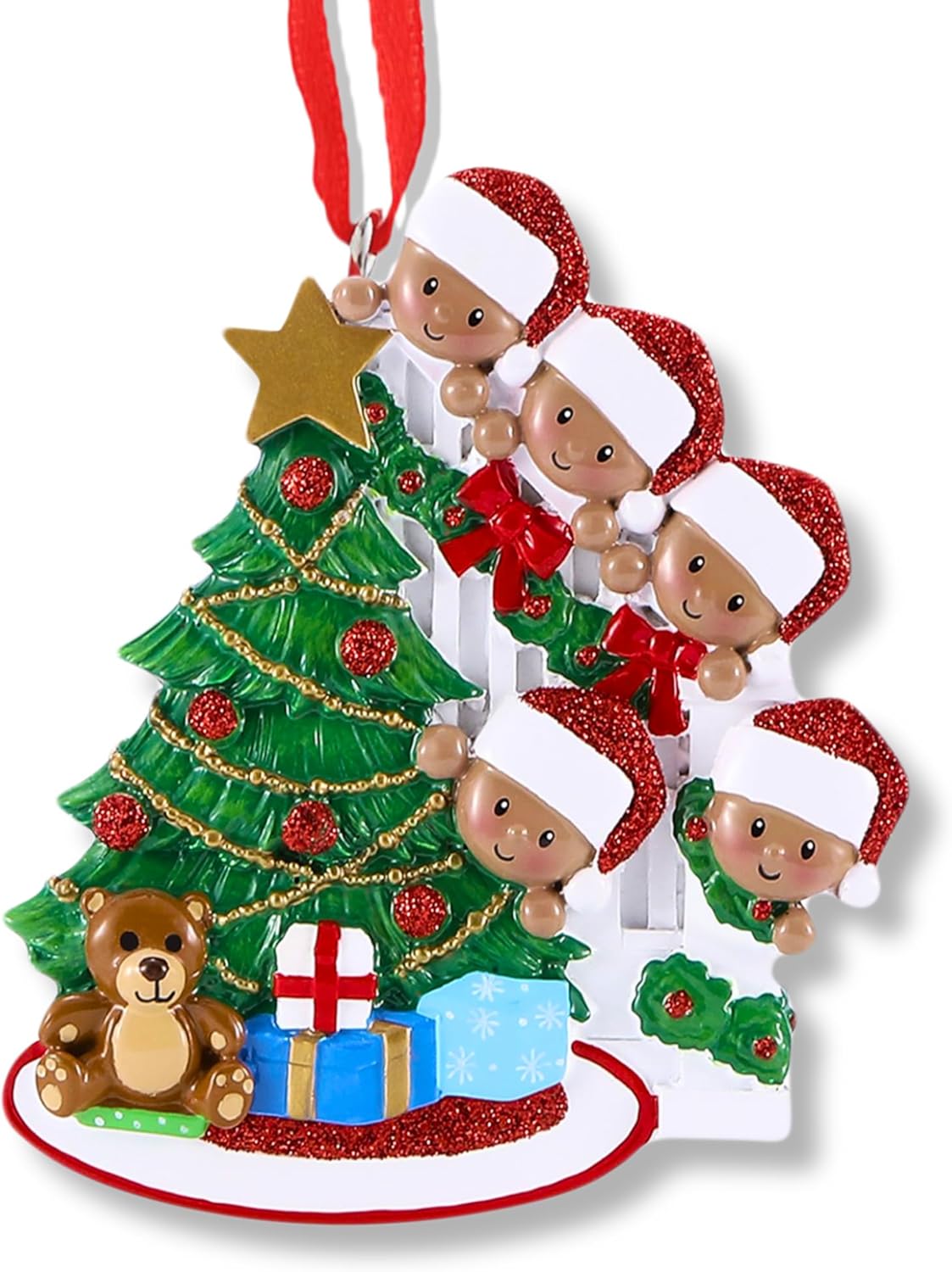 3D Peeking Family of 5 Ornament 2025 Personalized Family Christmas Ornaments 2025 | Xmas Gifts Personalized Tree Ornaments for Grandchildren, Siblings & Grandkids Colorful Presents of Five Ornament