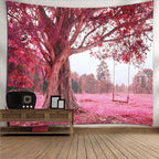FENDROM Autumn Pink Flower Tapestry Window View Wall Hanging, Nature Forest Floral Trees Garden Scenic Tapestries for Living Room Home Office Dorm
