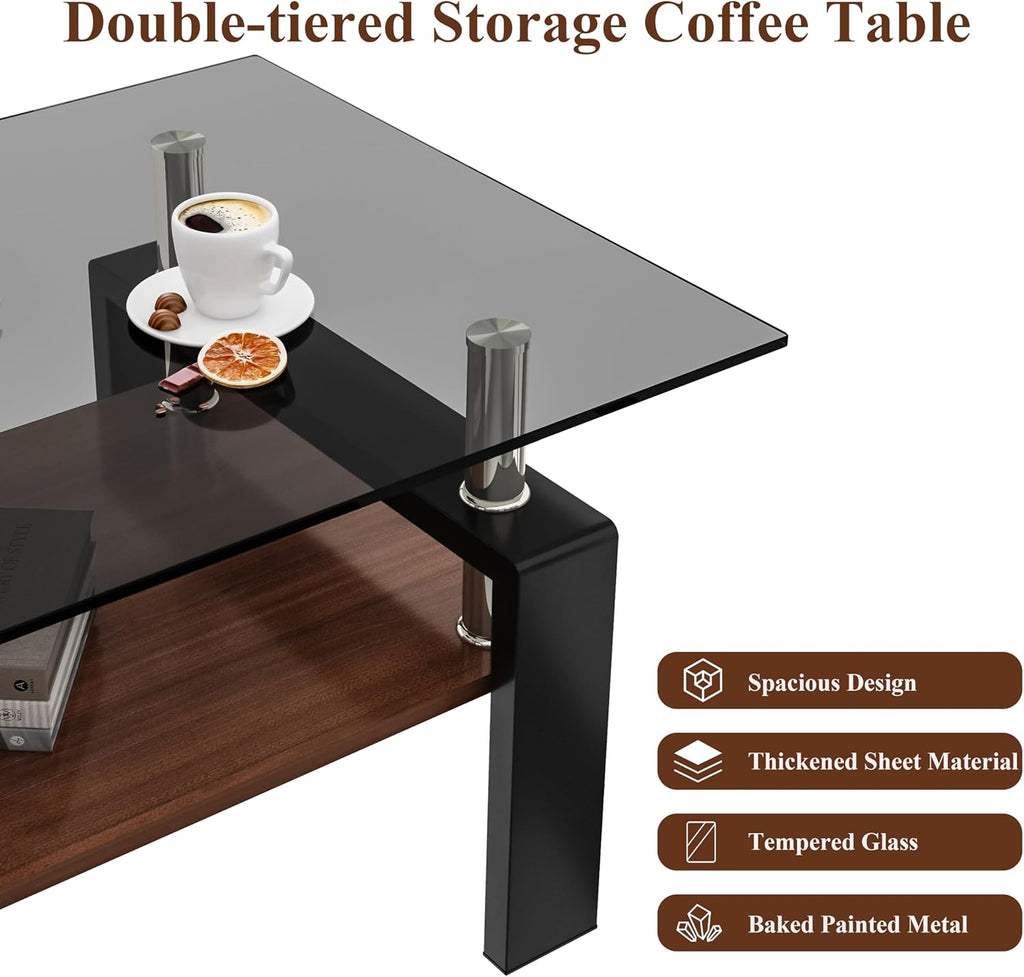 Glass Coffee Table Rectangle Living Room Center Table, with Gray Tempered Glass Tabletop and Brown MDF Layer,for Living Room and Office, Gray+Brown