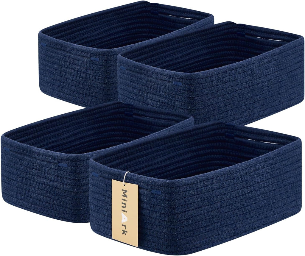 Small Storage Baskets for Organizing | Closet Organizer Bins | Shelf Toy Basket | Woven Rope Baskets | Cube Decorative Box | Shallow Basket | 13x8.5x5.1” | 4 Packs Navy Blue