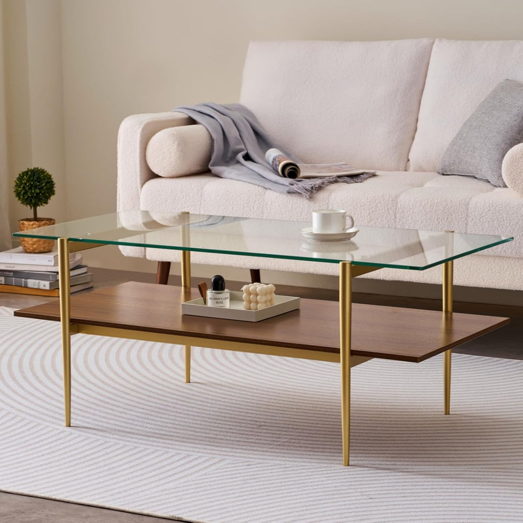 Rectangle Coffee Table, Mid-Century Modern Design, L41 W21 x H17, for Living Room, 2-Tier Structure, Clear Glass Top and Walnut MDF Shelf, Sleek Conical Metal Legs with Gold Finish