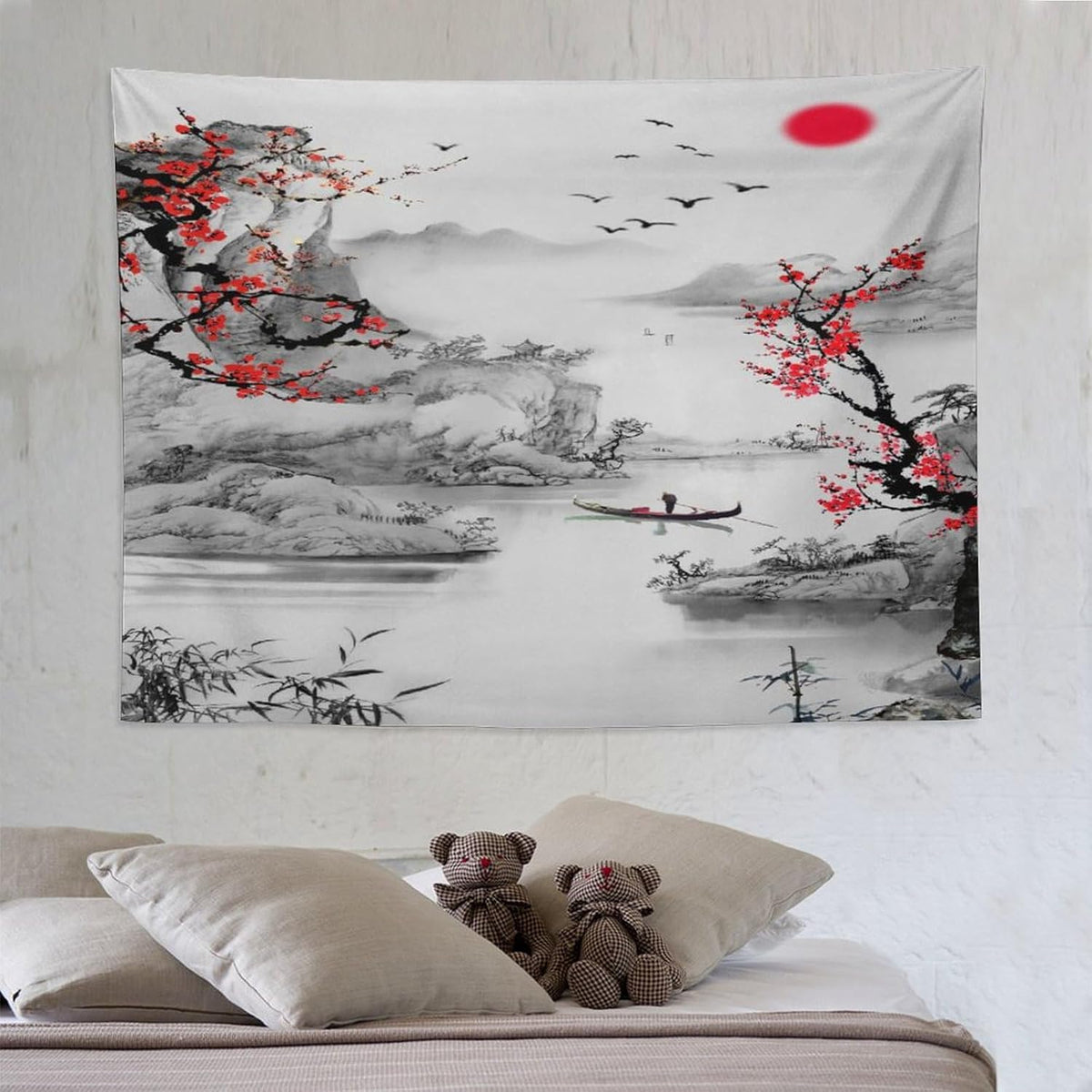 Cherry Blossoms Tapestry,Japanese Red Landscape Watercolor Abstract Art Tapestry,Asian Japanese Wall Tapestry, Nature Landscape Tapestries for Bedroom Living Room Decor 80"x60"