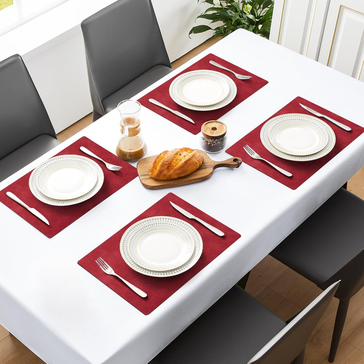 MOSAYT Vinyl Placemats Set of 4-12 X 17 Inch - Faux Leather 100% Waterproof Oil-Proof Wipeable PU Place Mats, Heat Resistant Reversible Table Mats for Kitchen, Dining, Outdoor (Red)