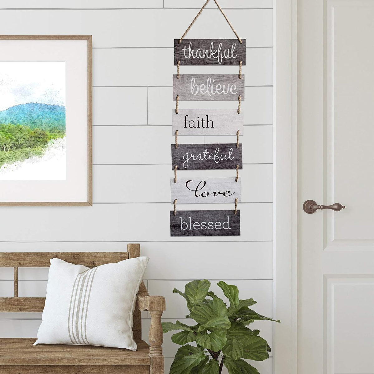 EXCELLO GLOBAL PRODUCTS Large Hanging Wall Sign: Rustic Wooden Decor (Grateful, Love, Believe, Thankful, Faith, Blessed) Hanging Wood Wall Decoration (11.75" x 32")