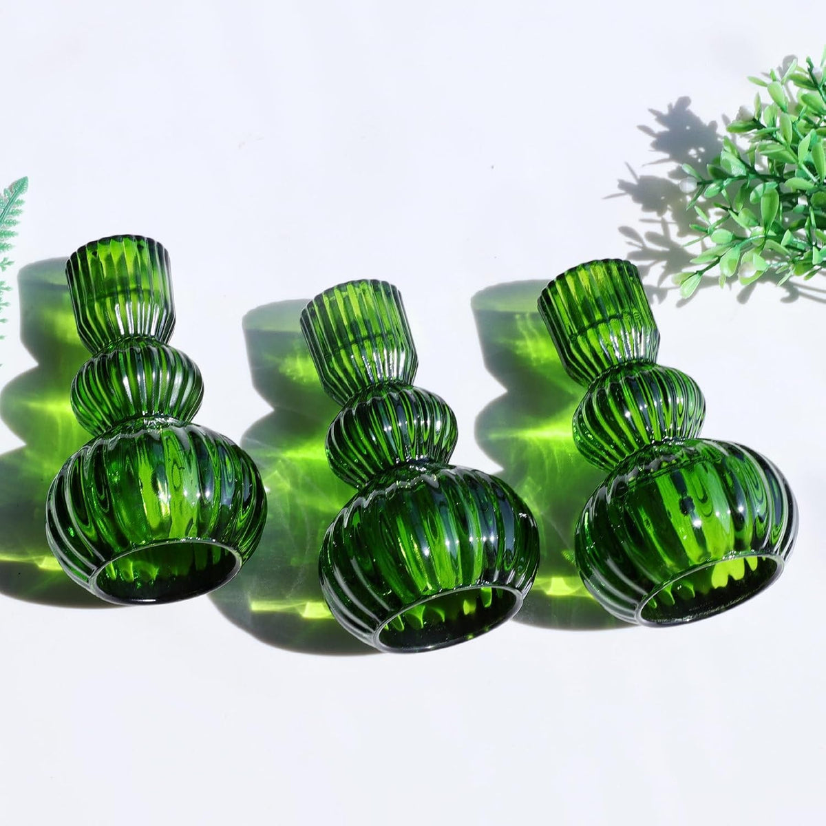 Woho Green Taper Candle Holders Set of 3 for Christmas Decorations, 4.3" H Ribbed Glass Candlestick Holders for Spring Wedding Table, Vintage Candle Sticks Holder Decor Home Decor