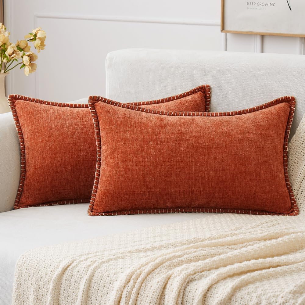 MIULEE Pack of 2 Fall Couch Throw Pillow Covers 12x20 Inch Rust Farmhouse Decorative Pillow Covers with Stitched Edge Soft Chenille Solid Dyed Pillow Covers for Sofa Bed Living Room