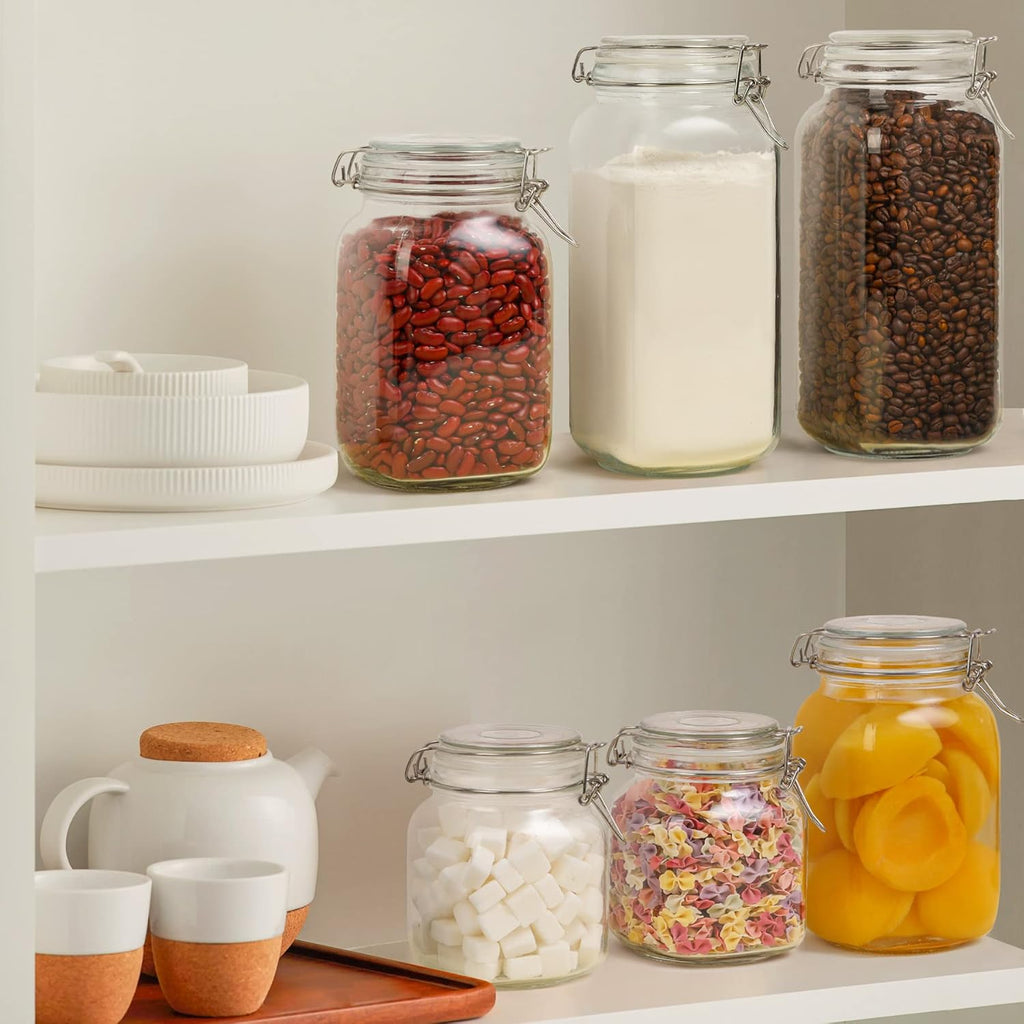 ComSaf Airtight Glass Canister Set of 3 with Lids 34oz Food Storage Jar Square - Storage Container with Clear Preserving Seal Wire Clip Fastening for Kitchen Canning Cereal,Pasta,Sugar,Beans,Spice