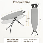 Yaheetech Foldable Ironing Board, Heavy Duty Iron Board with 9 Adjustable Heights, 4 Layer Cover and Safety Iron Rest, 52X14 Compact and Space Save Iron Board for Home Laundry Room Use, Gray