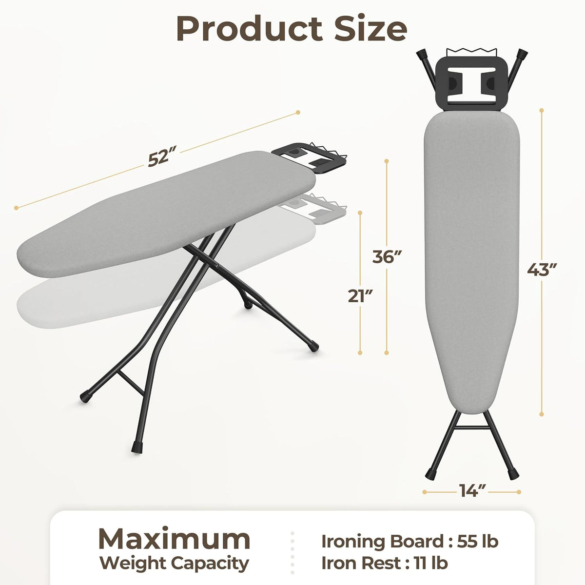 Yaheetech Foldable Ironing Board, Heavy Duty Iron Board with 9 Adjustable Heights, 4 Layer Cover and Safety Iron Rest, 52X14 Compact and Space Save Iron Board for Home Laundry Room Use, Gray