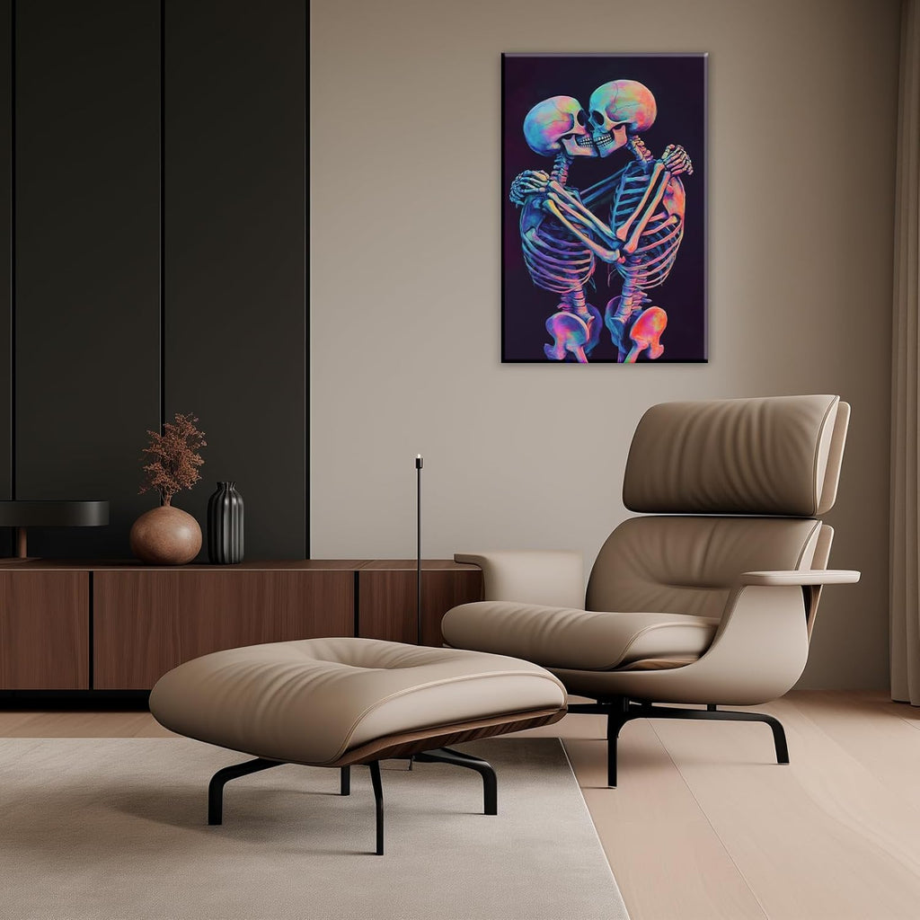 Skeleton Wall Art Kissing Skull Art Poster Skeleton Lover Picture Print On Canvas Abstract Horrible Theme Painting Framed Artwork Living Room Decor(Artwork-3,16"x24")