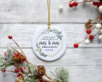 Andaz Press Personalized Our First Christmas As Mrs. & Mrs. 2025 Christmas Ornaments Geometric Greenery 2.8" Round Porcelain Ceramic Lesbian Married Couple Gay Women Newlyweds Wedding Keepsake 1-Pack