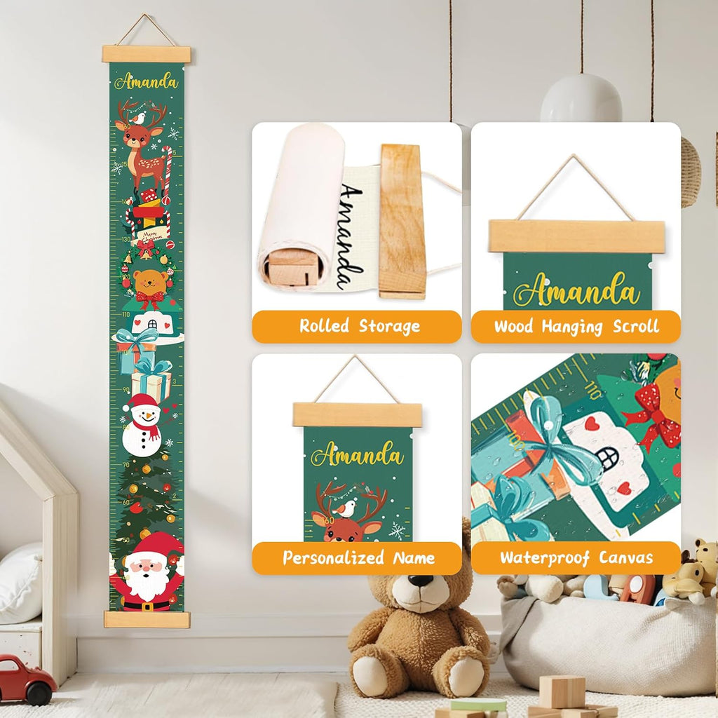 Personalized Name Growth Chart Wall Decor for Kids – Canvas Removable Height Chart Measuring Ruler 59" x 7.9" （Christmas Deer）