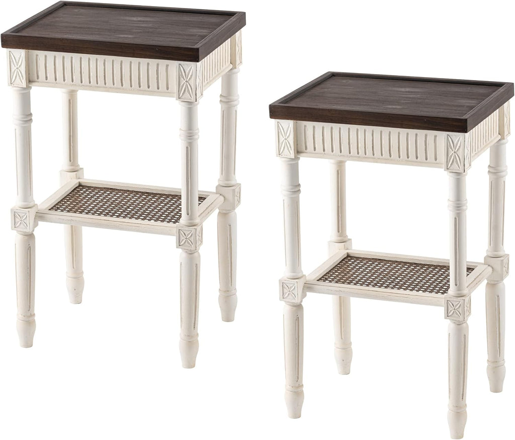 Rustic Farmhouse Cottagecore Accent End Table Set of 2, Distressed Accent Side Table with Espresso Tray Top and Woven Wicker Shelf, Boho, French Country Decor, Square, Weathered Brown & White