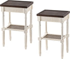 Rustic Farmhouse Cottagecore Accent End Table Set of 2, Distressed Accent Side Table with Espresso Tray Top and Woven Wicker Shelf, Boho, French Country Decor, Square, Weathered Brown & White