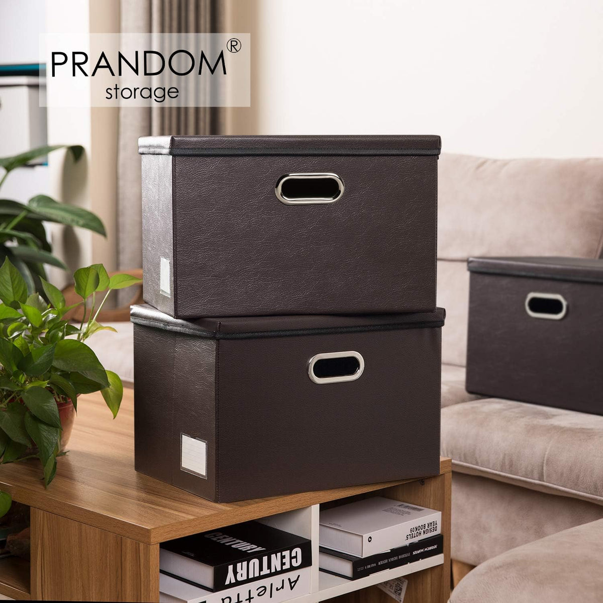 PRANDOM Large Foldable Storage Bins with Lids [3-Pack] Leather Fabric Collapsible Storage Boxes Organizer Containers Baskets Cube with Cover for Home Bedroom Closet Office Brown(17.7x11.8x11.8)