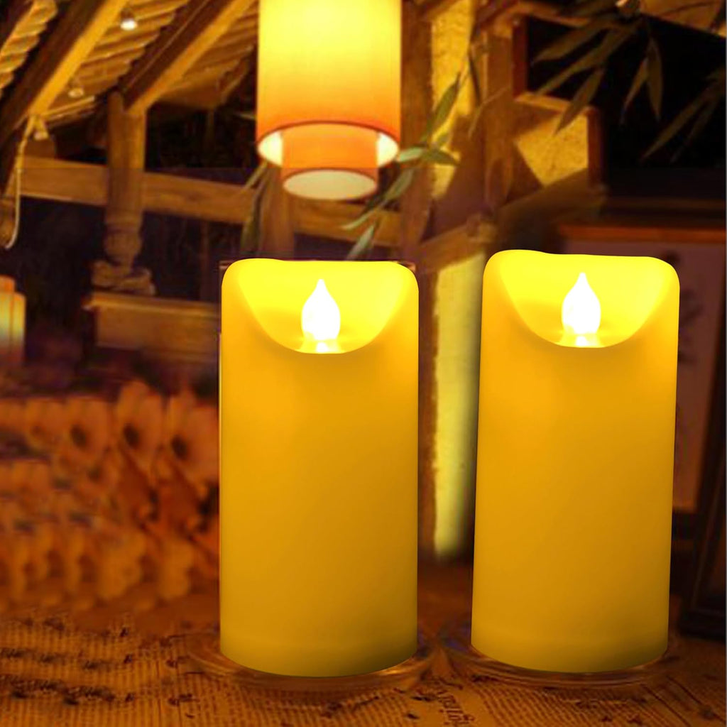 CANDLE CHOICE Outdoor Battery Operated Flameless Candles with Remote Timer Waterproof Flickering Plastic Electric LED Pillar Lights for Lantern Patio Garden Wedding Party Decorations 3x6 Inches 2 PCS